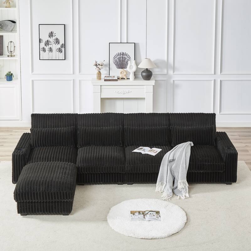 L-Shaped Modular Sectional Sofa with Ottoman, Oversized Corduroy Upholstered Sofa, 4-Seater Sofa with Cup Holders & Charge Port