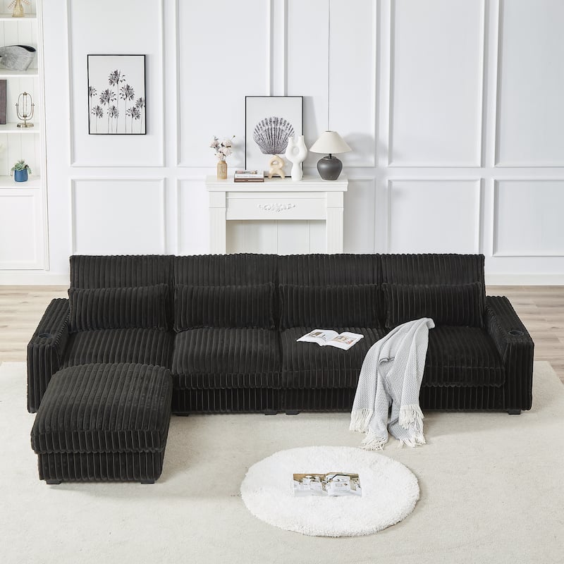 Super Large 126-Inch Corduroy L-Shaped Sofa with Cup Holders, USB Port, Movable Footrest, and 8 Cushions.