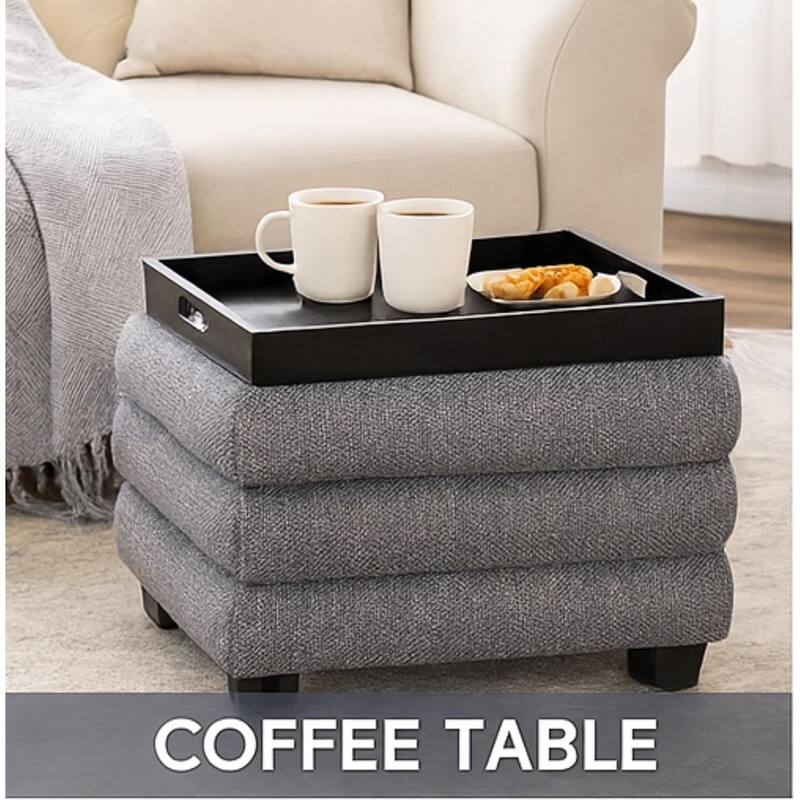 Modern Cube Ottoman with Tray Top and Hidden Storage Linen Seat