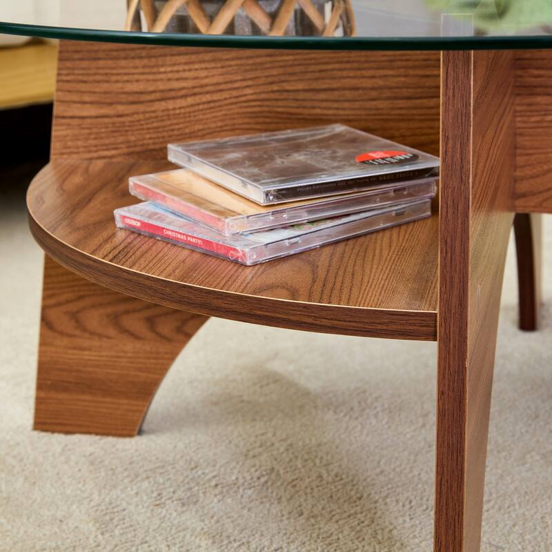 Round Tempered Glass Coffee Table with Fan Shaped Pedestal and Walnut Legs