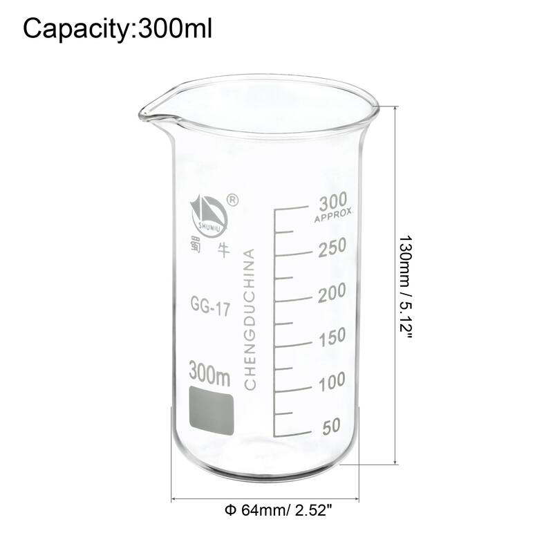 300ml Tall Form Glass Beaker, 3.3 Borosilicate Lab Measuring Cups - Clear