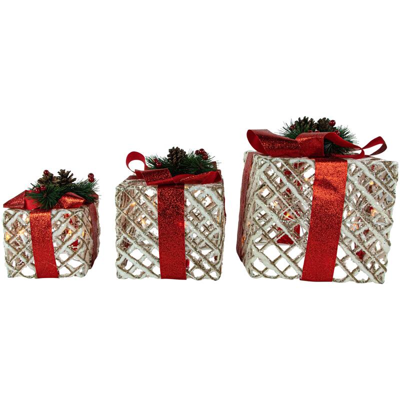 Set of 3 Lighted White Rope Gift Box Christmas Decorations 9.75"