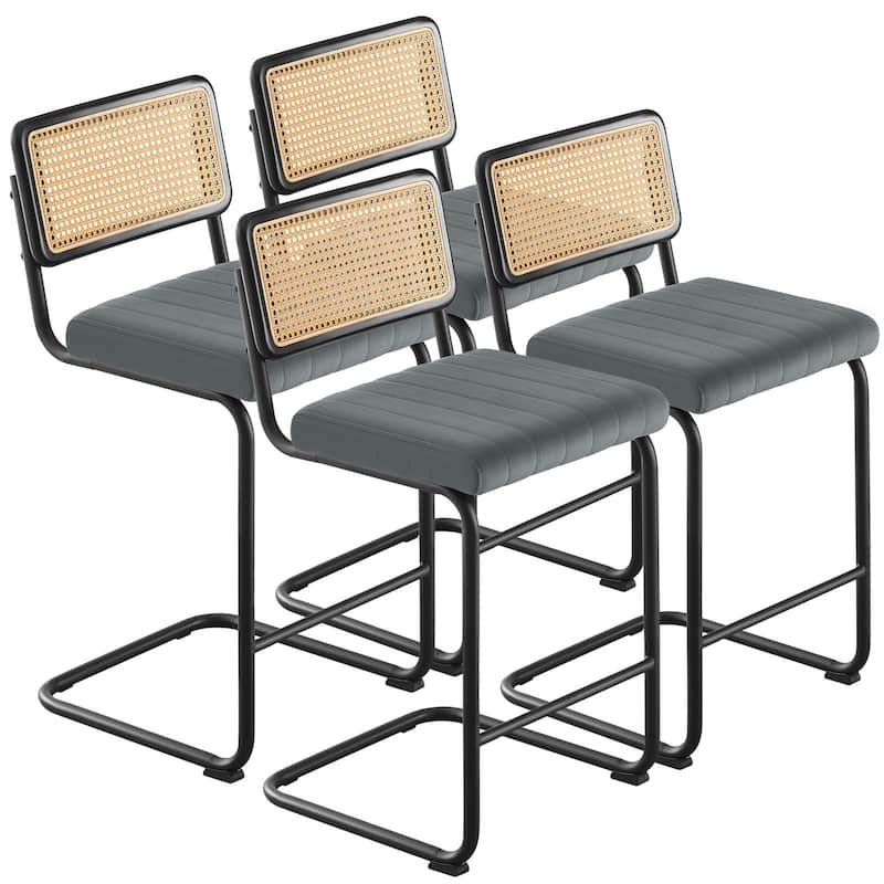 Velvet Upholstered Rattan Counter/Bar Stools, Set of 2/3 - Set of 4 - 26" Grey