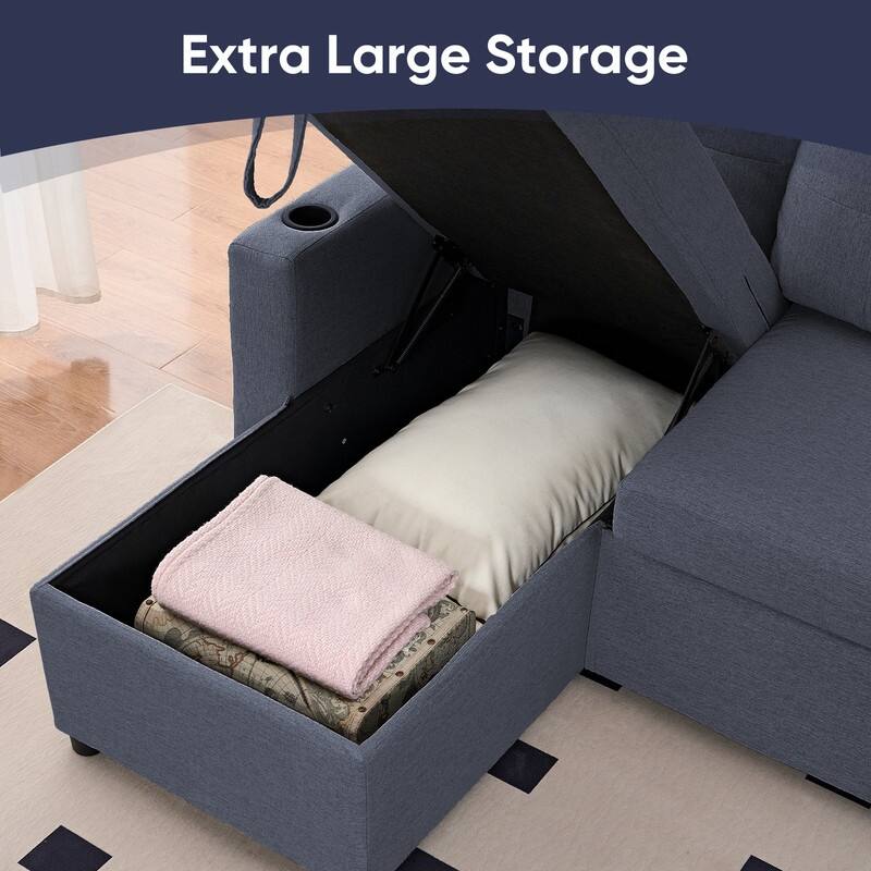 Mixoy 101"Linen 4-Seater Modular Sofa with Storage Chaise,Sleeper Sofa with Pull-out Bed