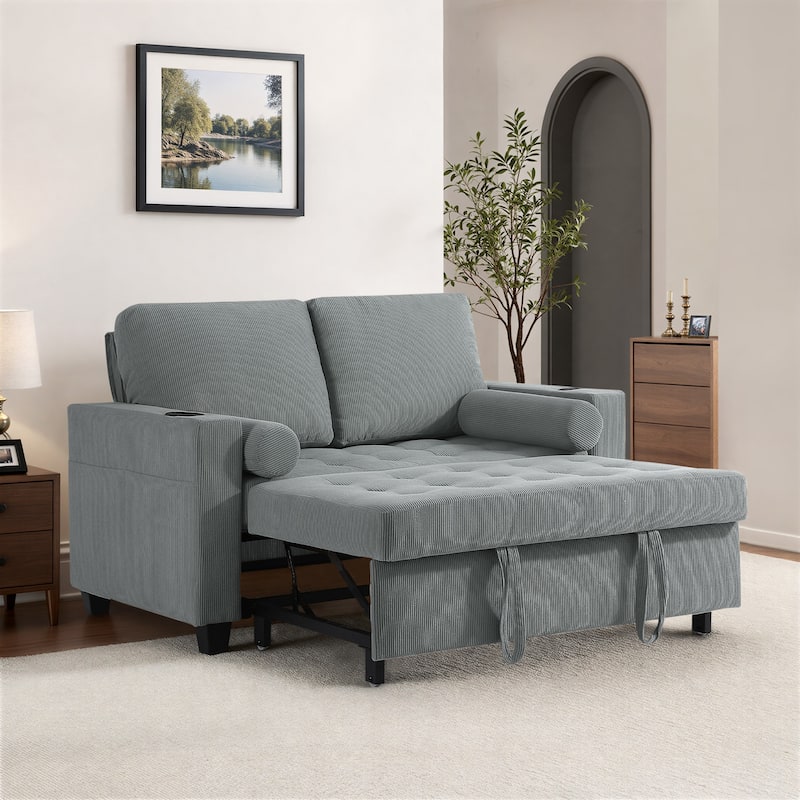 3-in-1 Corduroy Sleeper Sofa Pull-Out Bed Convertible Adjustable Loveseat with USB Port - Sofa - Grey