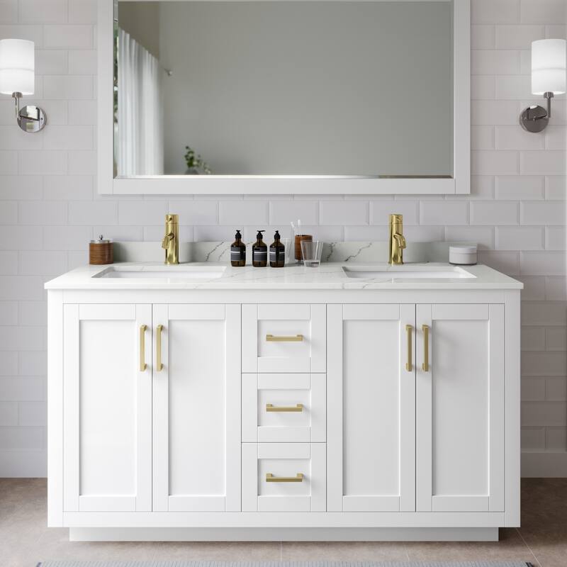 Wyndham Collection WCF292960D-QTZ-UNSM58 Miranda 60" Free Standing - White / Giotto Quartz Top / Brushed Gold Hardware