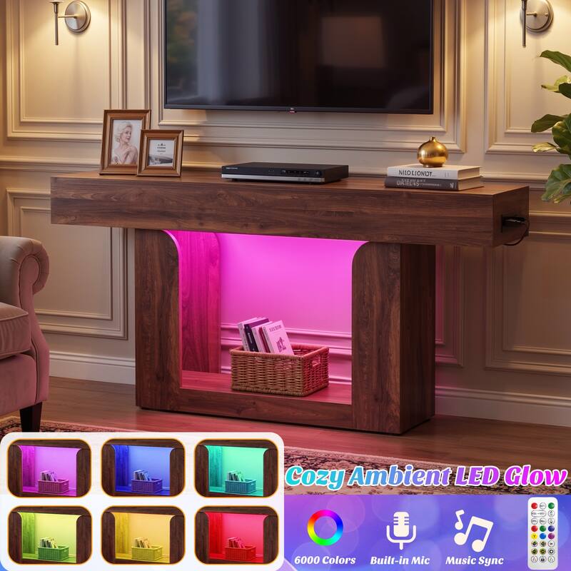 63'' W Farmhouse Console Table with Chaging Station, Thick Sofa/ Entryway Table with Storage Shlef