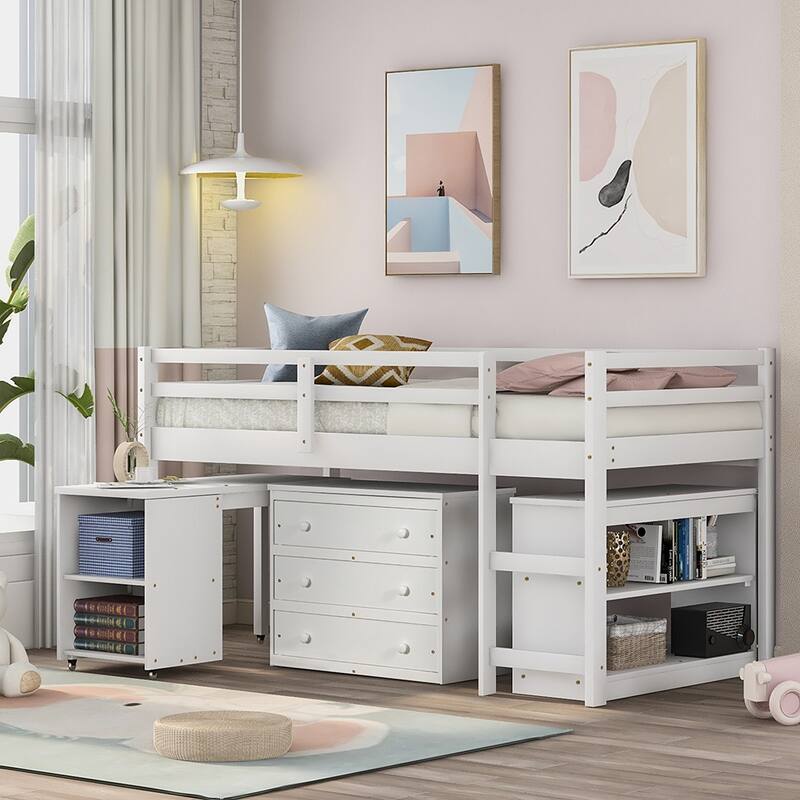 Low Study Twin Loft Bed with Cabinet and Rolling Portable Desk ...