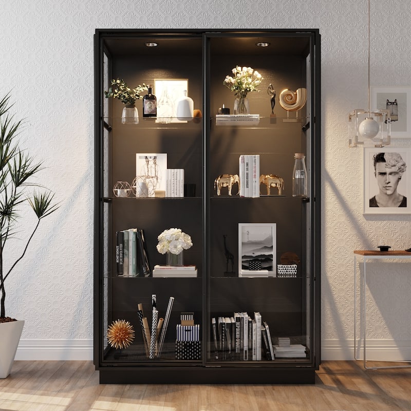 Modern Glass Curio Display Cabinet 4 Tier Display Case With lights & Doors