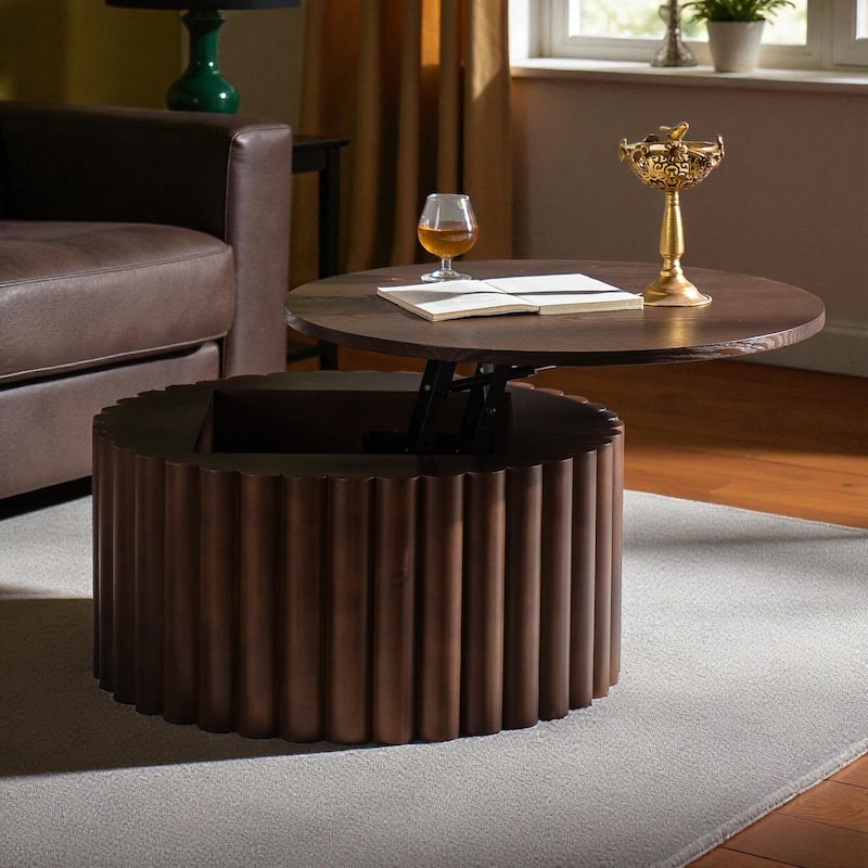 27.6'' Round Wooden Lift-Top Coffee Table with Hidden Storage, Handcrafted Relief Pedestal Tea Table for Living Room