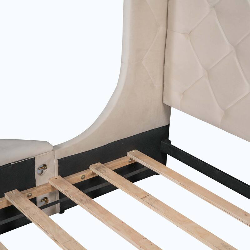 Queen Size Upholstered Platform Bed with Wingback Headboard and 1 Big Drawer,2 Side Storage Stool