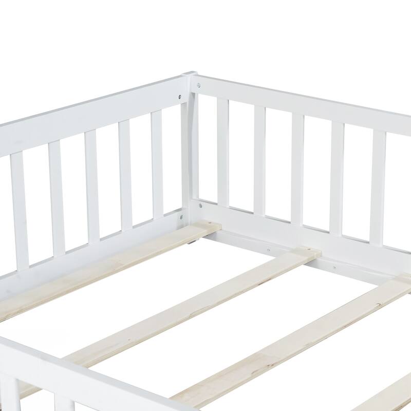 Full Size Floor Bed with Fence and Door,Rubber Wood Floor Bed with Safety Guardrails