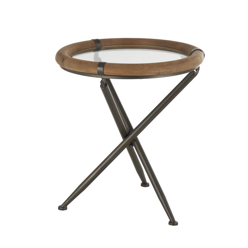 Metal Round Accent Table with Brown Wooden Framed Glass Tabletop - Brass - Roche River Decor