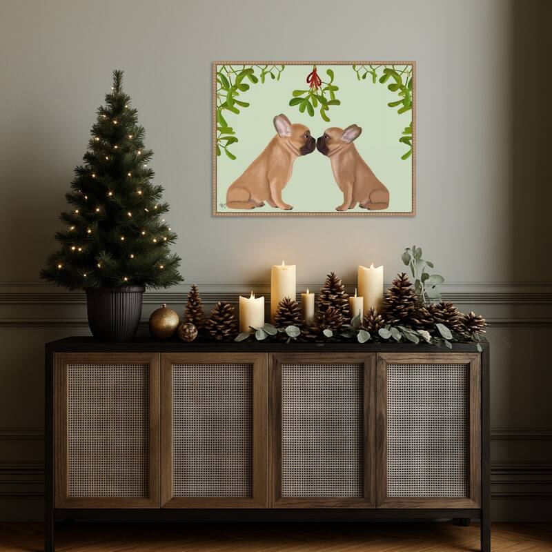 French Bulldogs and Mistletoe by Fab Funky (30 x 23 in.), Framed Canvas Wall Art Print - Sylvie Beaded Rustic Natural