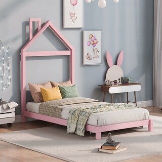Pink Twin Size Wood Platform Bed with House-shaped Headboard for Kids, Boys and Girls