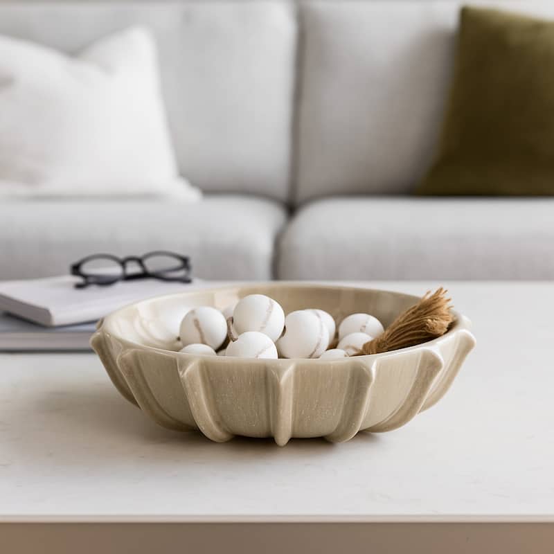 Decorative Round Bowl with Scalloped Rim - Home Decor - 16", Taupe - 15.5"