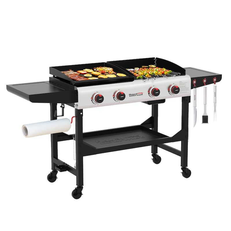 Royal Gourmet 4-Burner Portable Flat Top Gas Grill and Griddle Combo Grill with Folding Legs, Black & Silver