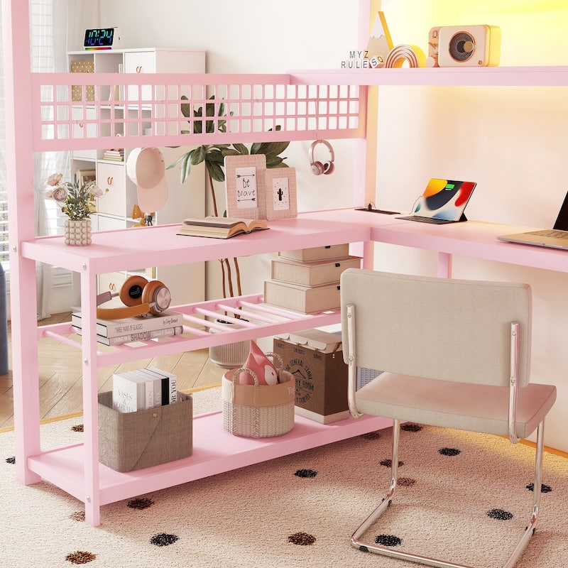 Full Size Loft Bed with Staircase and Wardrobe, Metal Loft Bed with Desk, Storage Shelves, LED Lights and Charge Station, Pink