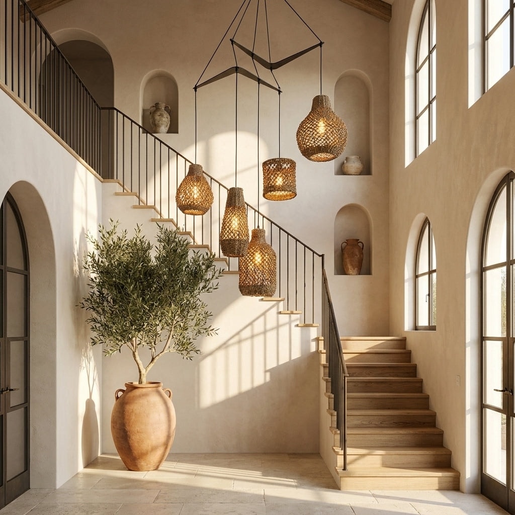 Lucien 5-Light Seagrass Pendant Light Modern Linear Chandelier With Natural Shade in Matte Black - 39 Wide