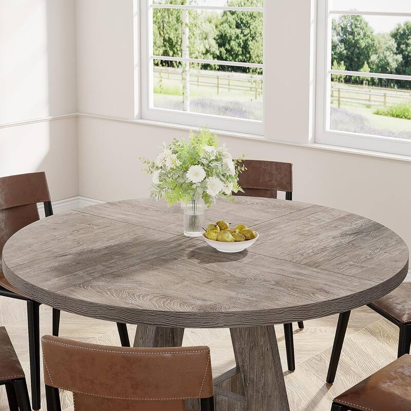 47" Round Farmhouse Dining Table -Wood Kitchen Table for 4, Cross Base Wooden Dinner Table for Dining Room, Breakfast Nook