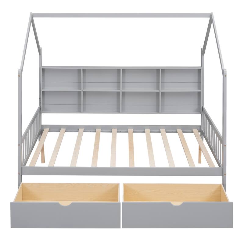 Pine House Bed with 2 Drawers, Shelf, Headboard & Footboard