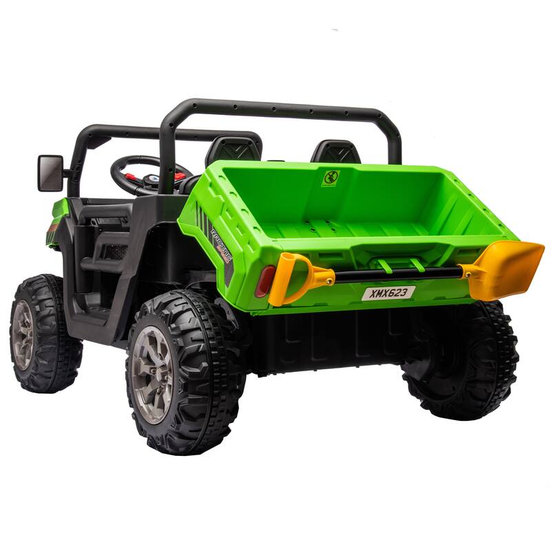 Realistic Children's Engineering Vehicle, Green Electric Dump Truck with Extra Shovel, Electric Vehicle with Double Doors