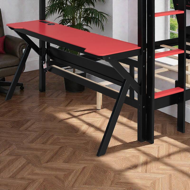 Twin/Full Gaming Bunk Bed with Dual Desks, USB Charging Ports and Pegboard Organizer, Gamer Bunk Frame