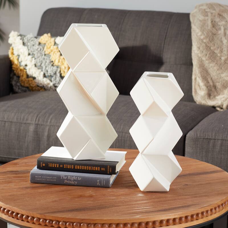 Ceramic Faceted Vase with Diamond Shapes - Set of 2 White - CosmoLiving by Cosmopolitan - 4"W x 7"L x 16"H