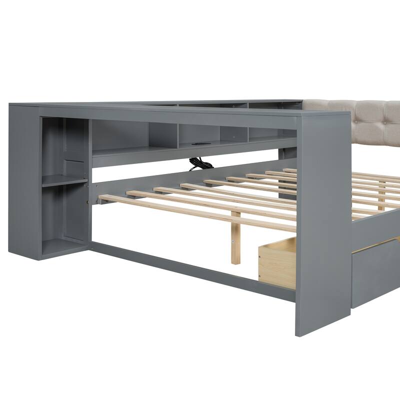Wooden Platform Bed Multi-Functional Daybed with Desk, Linen Headboard, 2 Drawers, Charging Station and Mulit-Storage Shelves