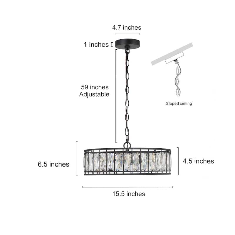 Aulia Mid-Century Modern 3-Light Black Drum Crystal Chandelier for Dining Room - D16"x H 6"