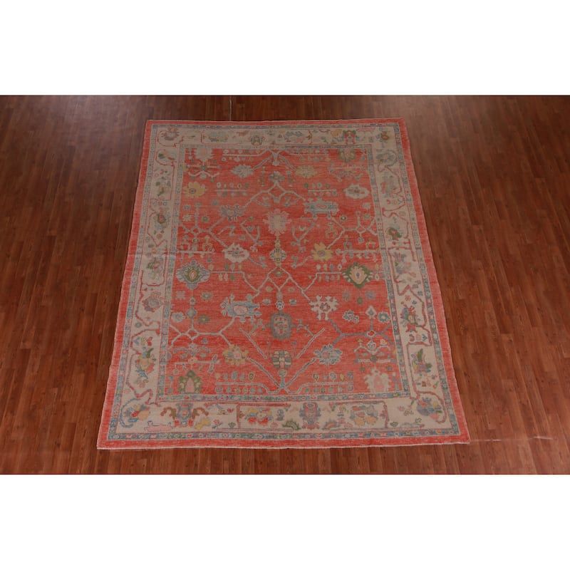 Hand Knotted Oriental 100% Wool Carpet Transitional All-Over Oranges & Rust Oushak Area Rug - 9' 11'' X 8' 1''