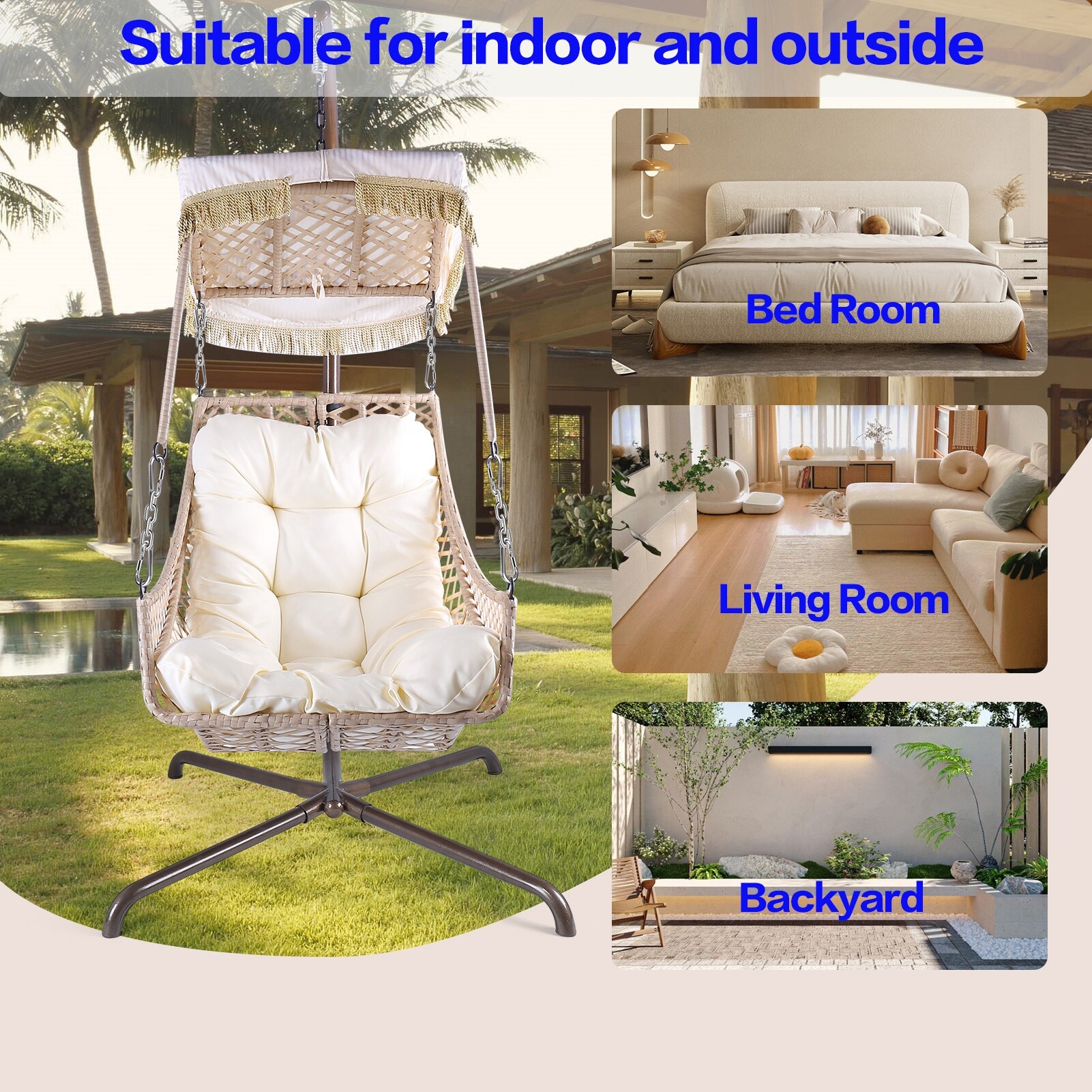 Indoor Outdoor Wicker Rattan Swing Egg Chair Hammock Chair with Cup Holder and Cushion