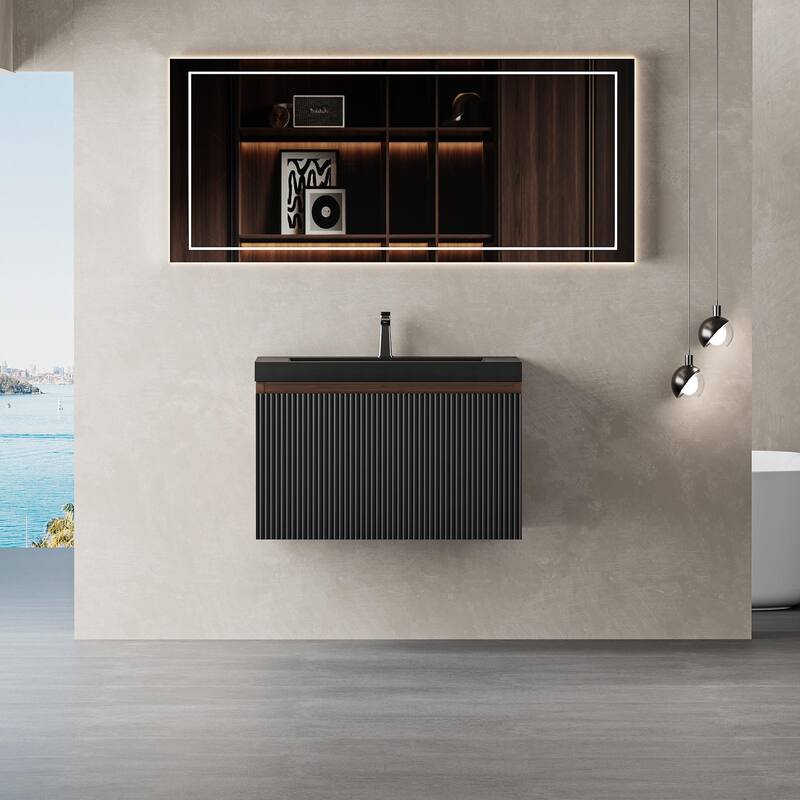 GDFStudio - Carson 24-Inch Floating Bathroom Vanity with Quartz Sand Basin and Fluted Storage Drawer - Walnut+black