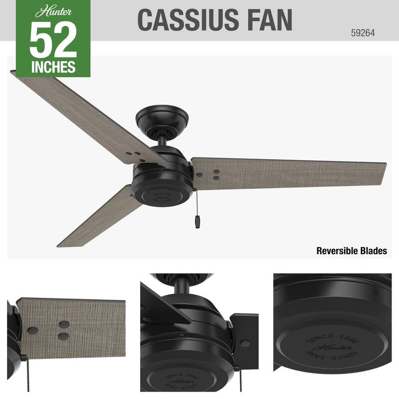 Hunter 52" Cassius Outdoor Ceiling Fan with Pull Chain, Damp Rated - Industrial, Contemporary, Farmhouse
