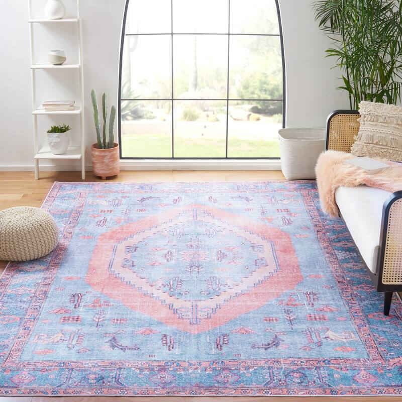 SAFAVIEH Serapi Machine Washable Adelle Shabby Chic Distressed Rug - 6'7" x 9' - Light Blue/Beige