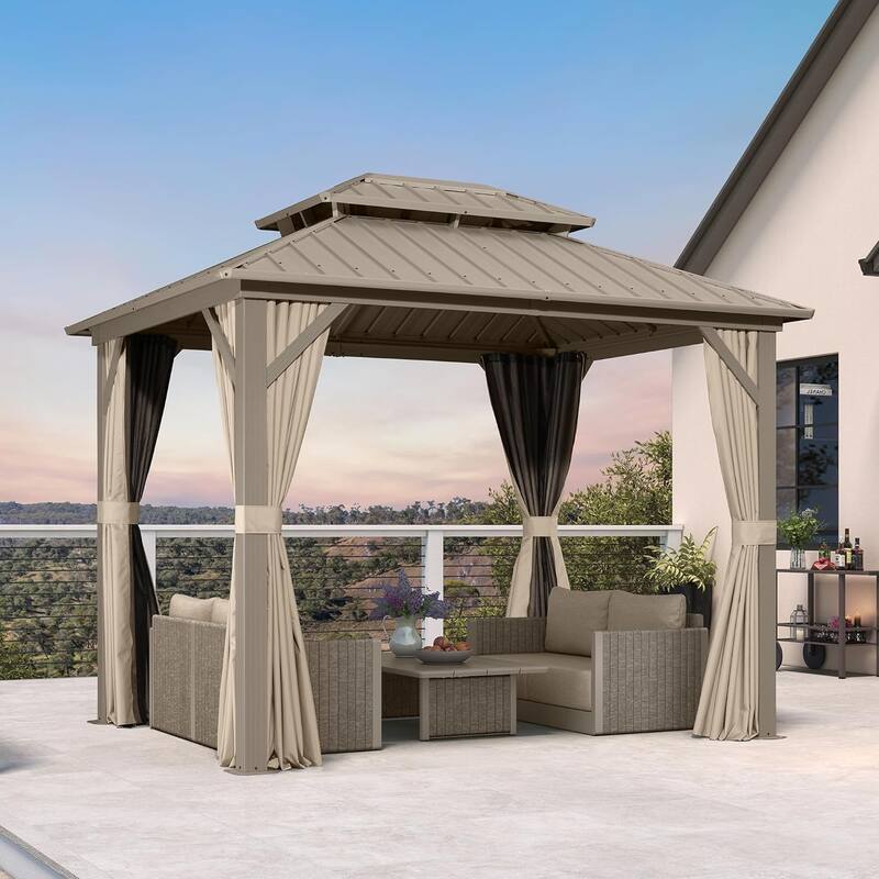 PURPLE LEAF Outdoor Hardtop Gazebo Champagne Metal Frame Galvanized Steel Double Roof with Curtains and Netting for Poolside
