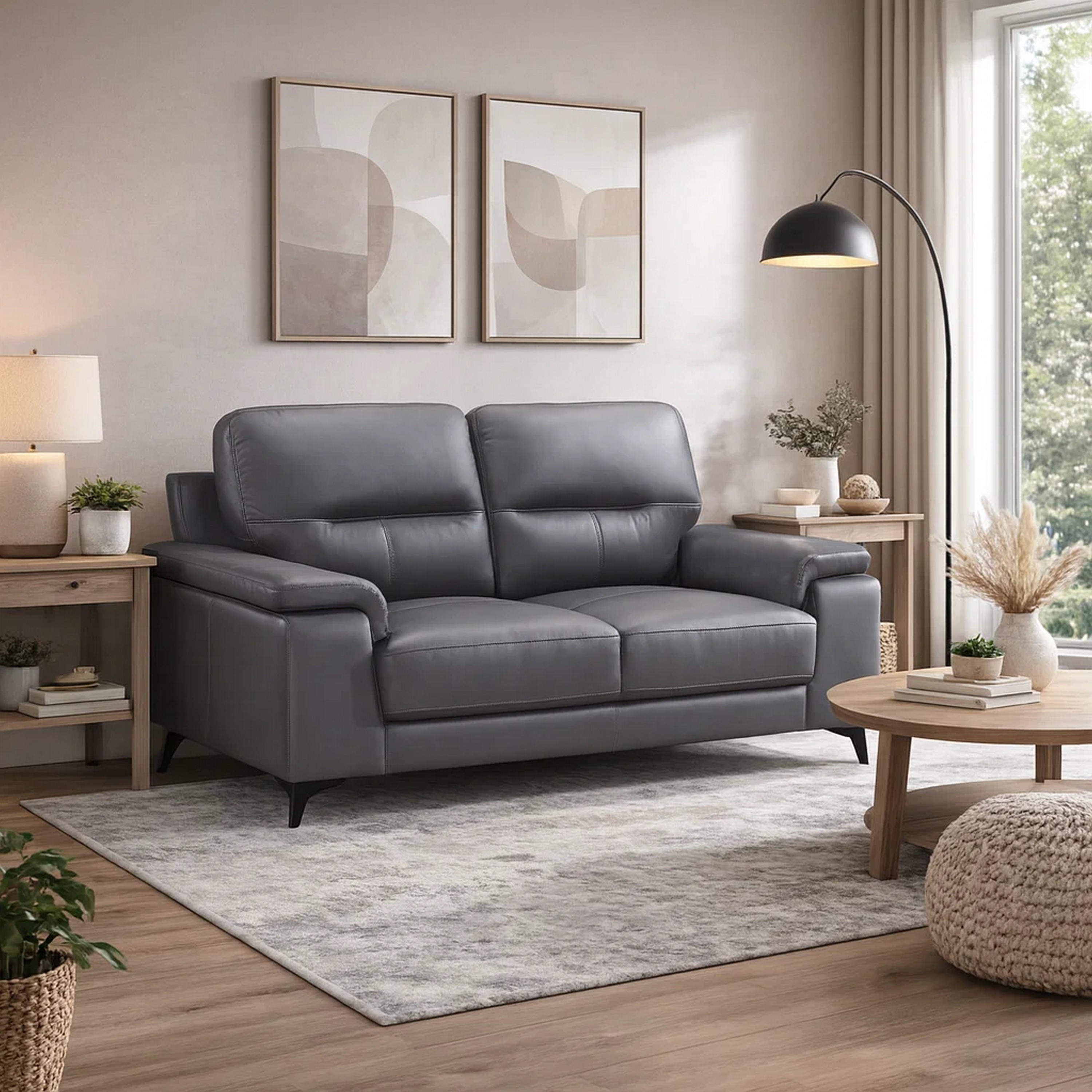 Mica 67 Inch Loveseat, Dark Gray Top Grain and Faux Leather, Metal Legs