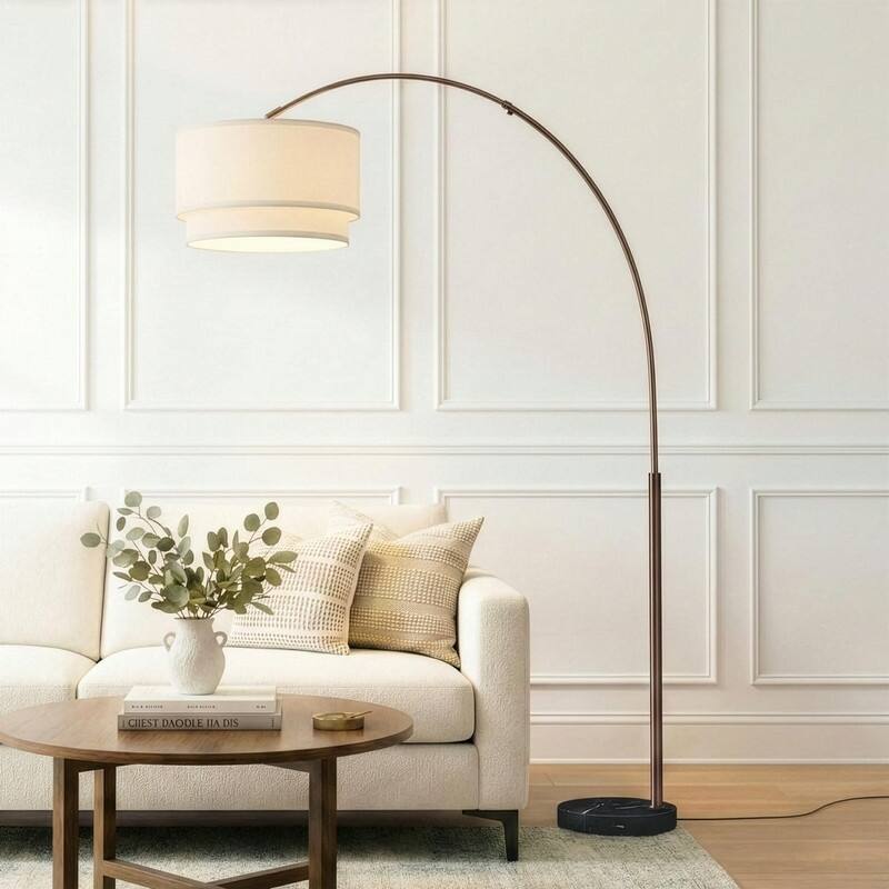 Brightech Mason 81 in. Oil Brushed Bronze Modern Adjustable and Extendable LED Floor Lamp with Beige Fabric Drum Shade
