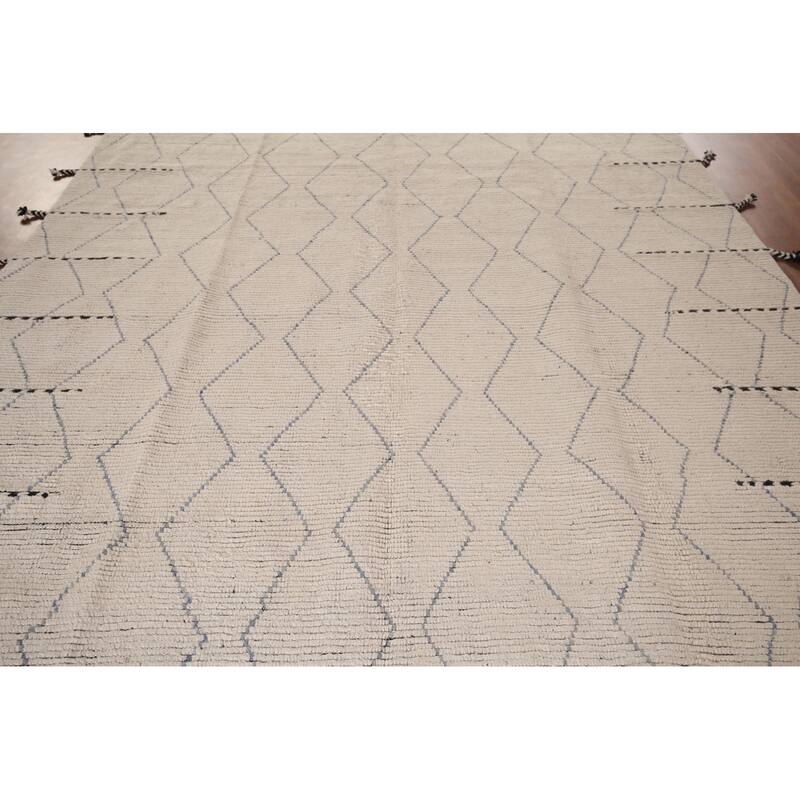All-Over Ivory Moroccan Oriental Area Rug Handmade Wool Carpet - 8'8"x 12'11"