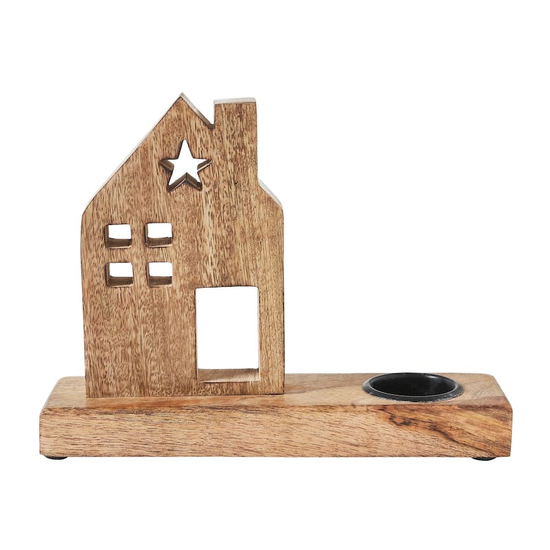 Tealight Holder Wooden Saltbox House w/ Star Natural 9x6.75x2.5 - N/A