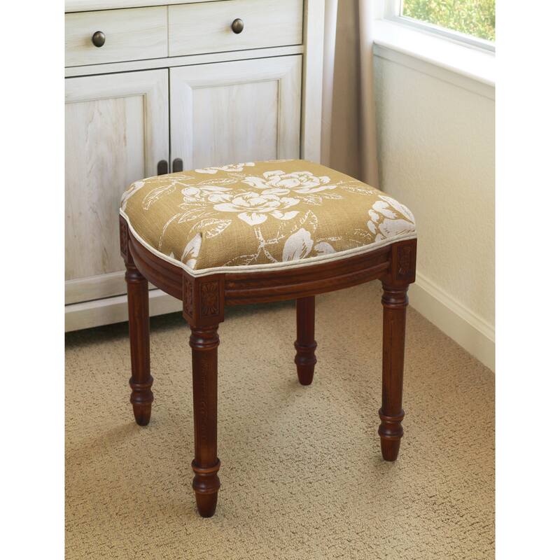 Tan Magnolia Vanity Stool with wood stained finish