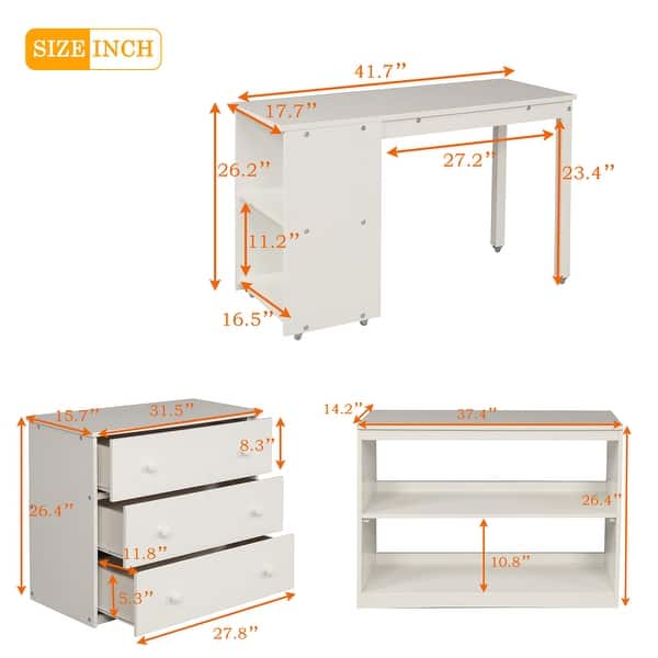 dimension image slide 0 of 2, Multiple Functions Design Loft Bed with Cabinet, Shelves and Rolling Portable Desk, Twin Size, White
