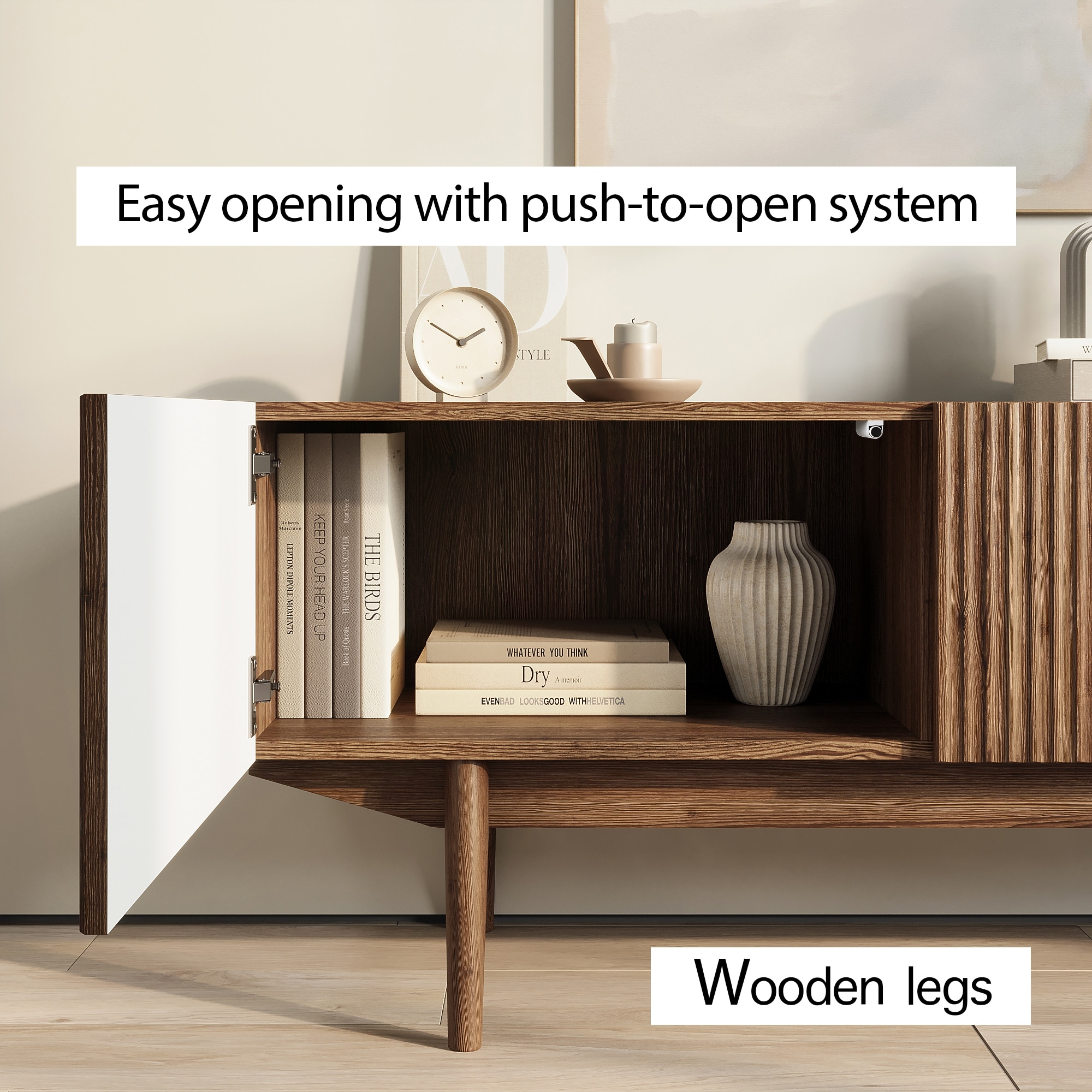 Living Skog Kelly TV Stand Console Fits TV's up to 65 in. with Wood Legs in Mid Century Modern Scandinavian Design