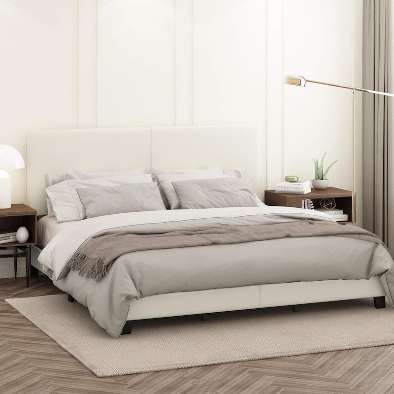 King Bed Frame Upholstered Black PU Leather Platform Bed with Foam Headboard - Modern Glam Style