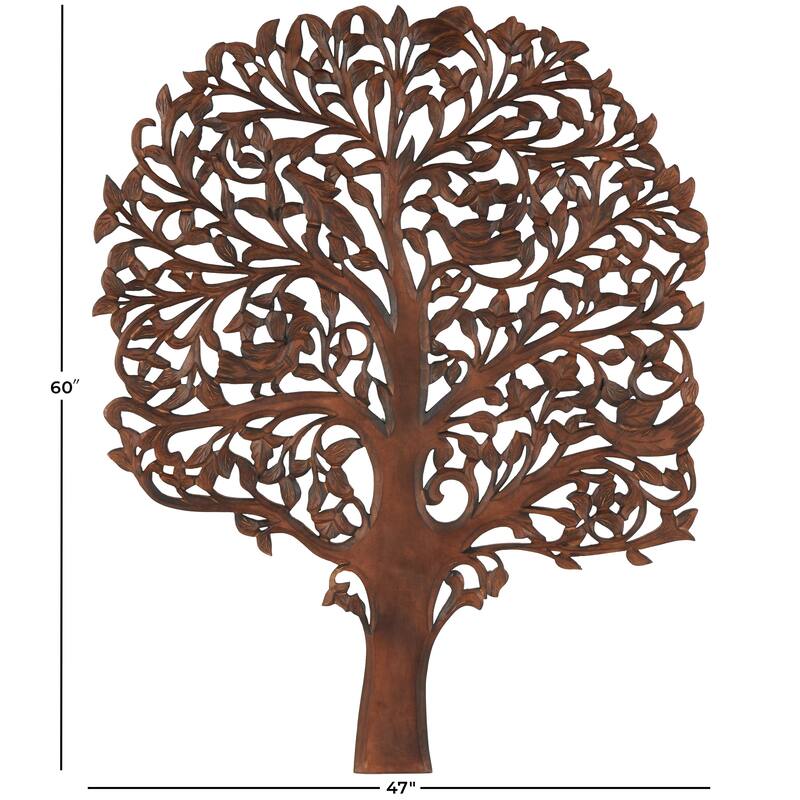 Brown Wooden Carved Tree Home Wall Decor with Animal Accents