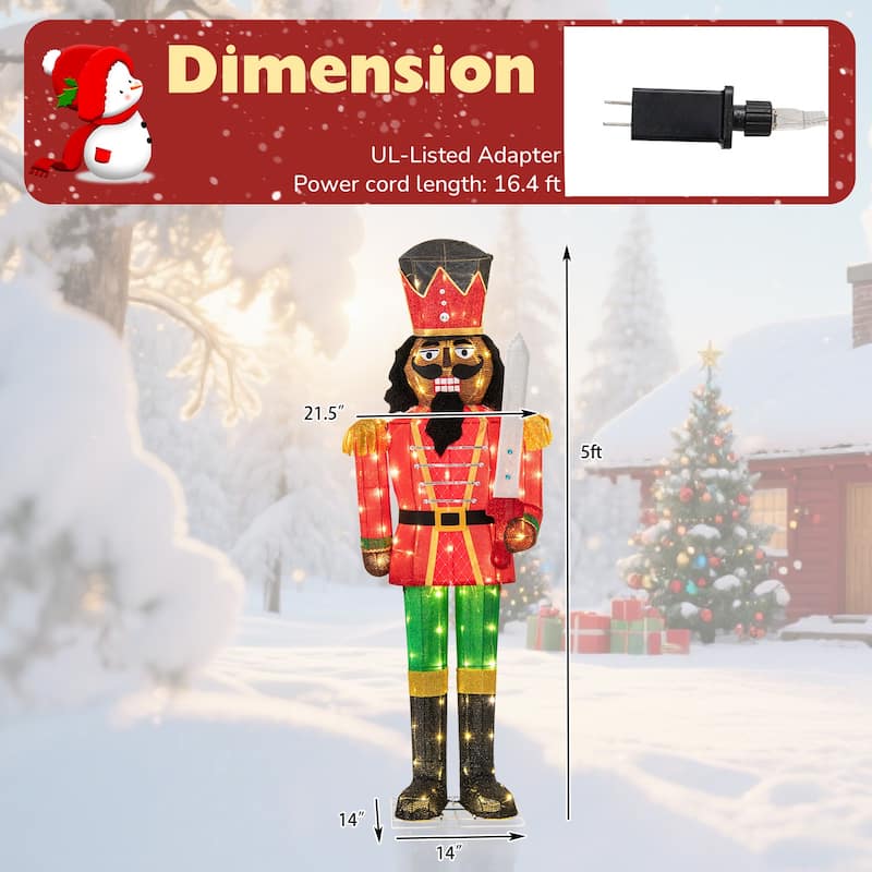 5 Ft Lighted Nutcracker Soldier with 100 LED Lights and Glitter Sword for Indoor Outdoor Decor - Multi - 21.5" x 5 ft