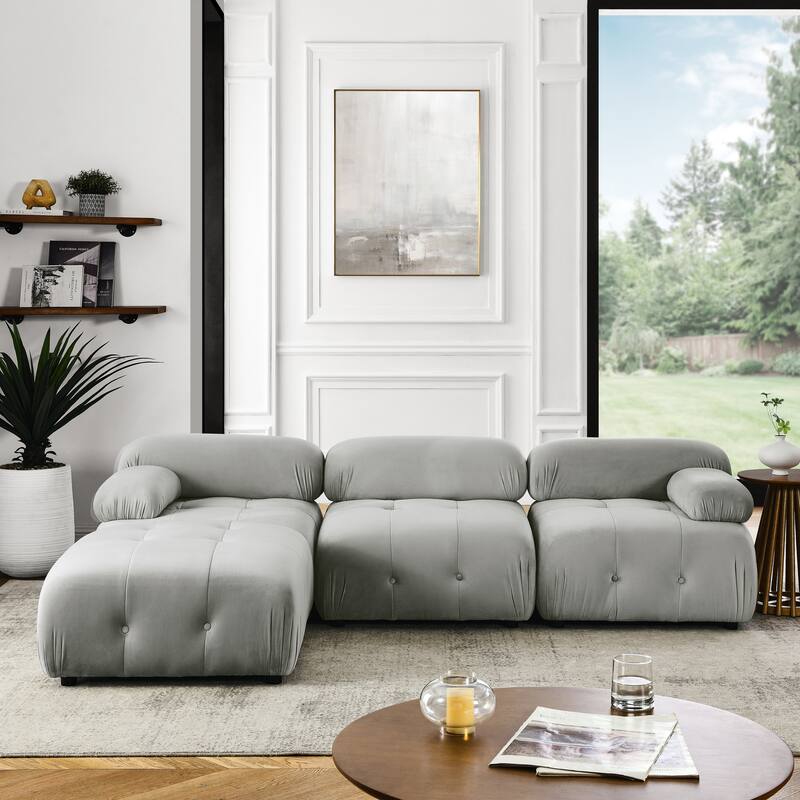Button Tufted Modular Velvet Sectional Sofa with Reversible Ottoman
