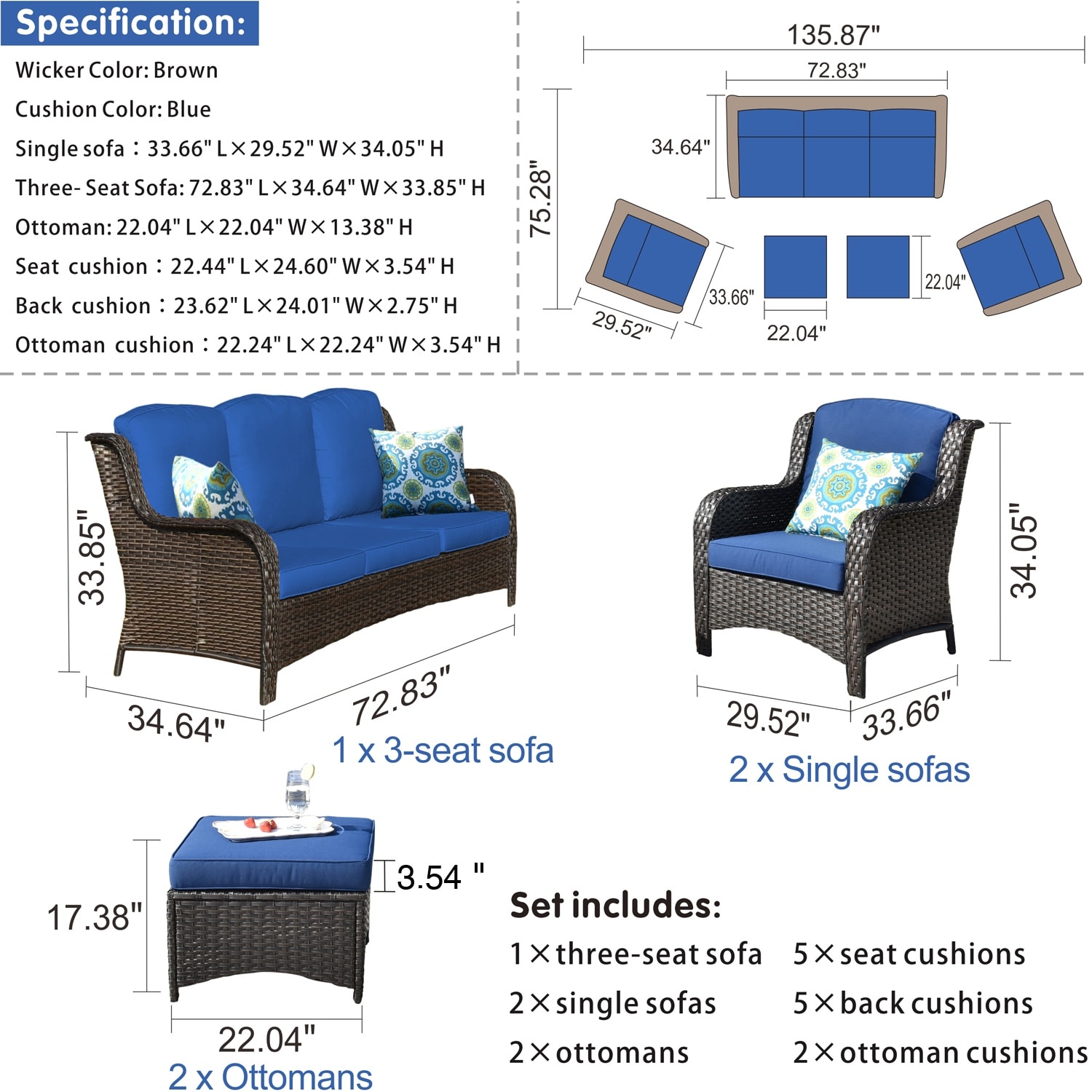 Shop Ovios Patio Furniture Sets 5 Piece Rattan Wicker Chair Sectional Sofa Set Overstock 31733697