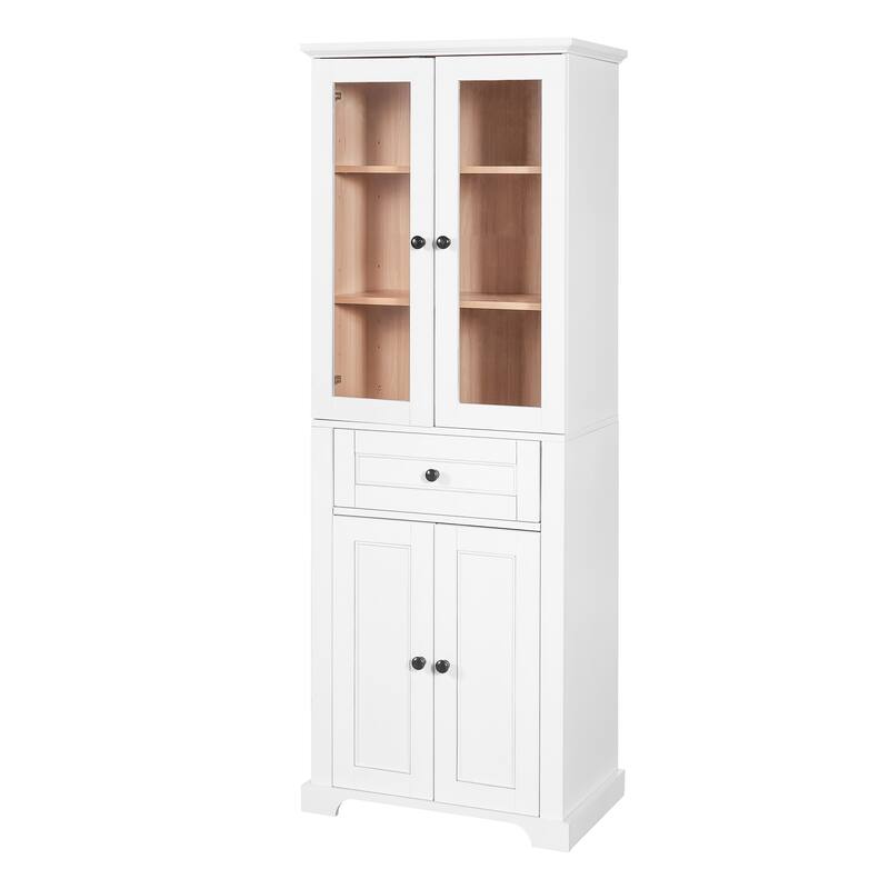 67.2"Tall Bathroom Storage Cabinet with Glass Doors, Adjustable Shelves & Drawer -Freestanding Linen Tower, Soft-Close Design