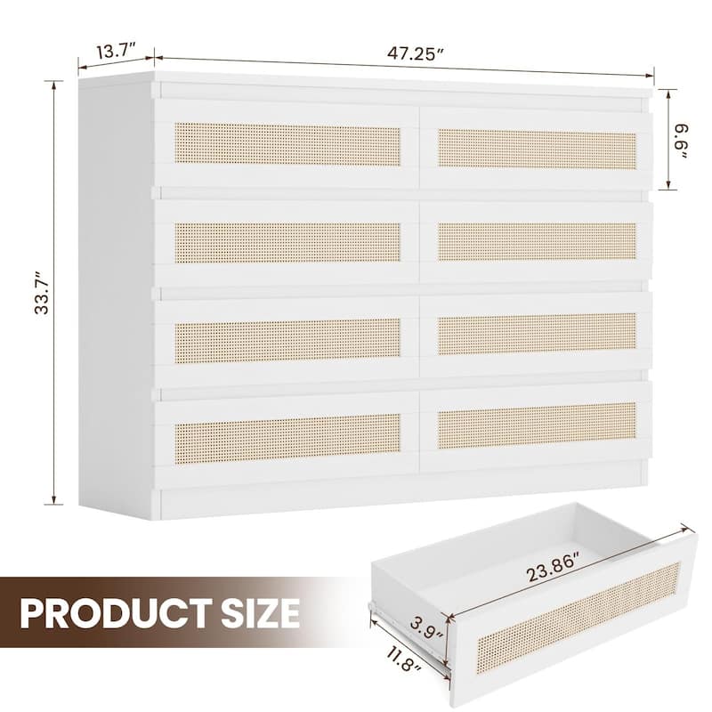 Rattan Dresser for Bedroom, Closet, Wooden Dresser with 8 Drawers, Modern Chest of Drawers with Large Storage - White